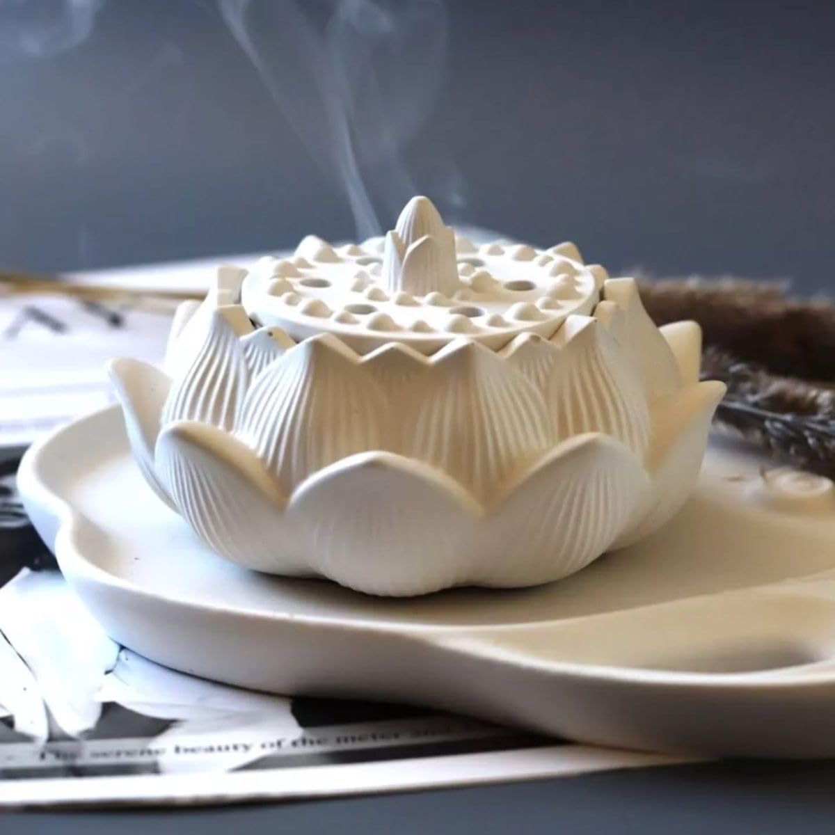 SCENSIA Lotus Dhoop Dani, White Ceramic Incense Holder, Decorative
