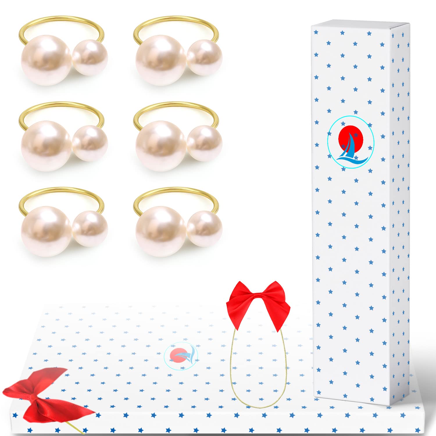 Napkin Rings - Pearl Gold Napkin Rings Set of 6 for Dinner Party Table Decor, Christmas Thanksgiving Fall Holiday Napkin Holder in Gift Box