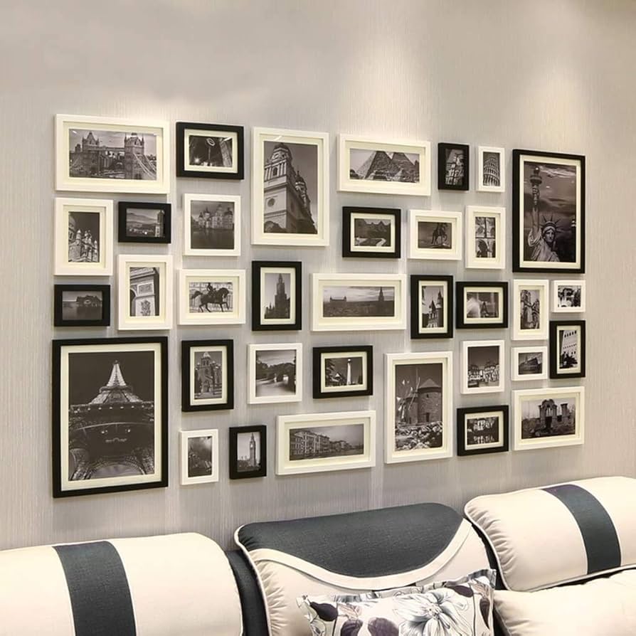 額縁セット 大きな無垢材の写真額縁セット壁、黒と白の壁の写真フレームの組み合わせの装飾 (色 : A) (B)