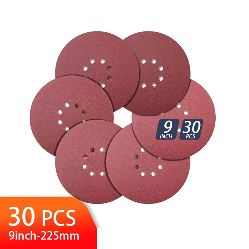 30 discos de lijado para lijadora orbital, papel de lija de gancho y bucle de 9 pulgadas y 8 orificios, papel de lija de grano 60/80/150/180/240 surtido, grano 60