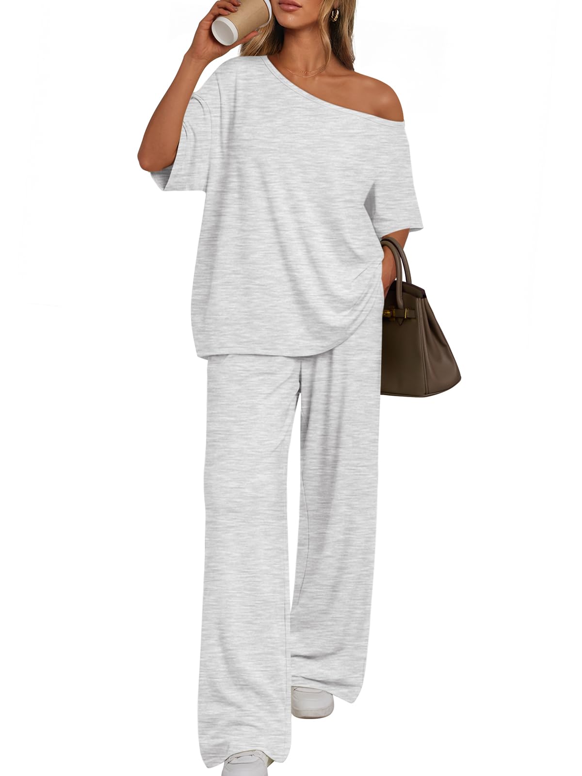 Trendy Queen Womens 2 Piece Lounge Sets Airport Travel Casual Outfits Off Shoulder Oversized Tshirts and Wide Leg