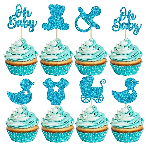 Gyufise 36Pcs Oh Baby Cupcake Toppers Glitter Bear Pacifier Baby Carriage Cupcake Picks Baby Shower Cake Decorations for Gender Reveal Baby Shower Birthday Party Supplies Blue