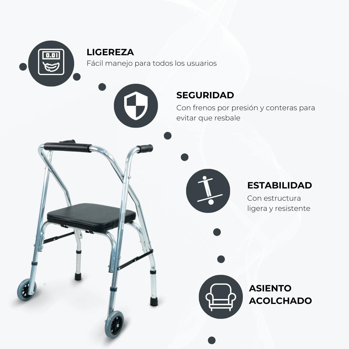Mobiclinic, Compostela, Andador para ancianos con dos ruedas, Marca española, Plegable adultos, Asiento, Aluminio, Altura regulable, Plata/negro