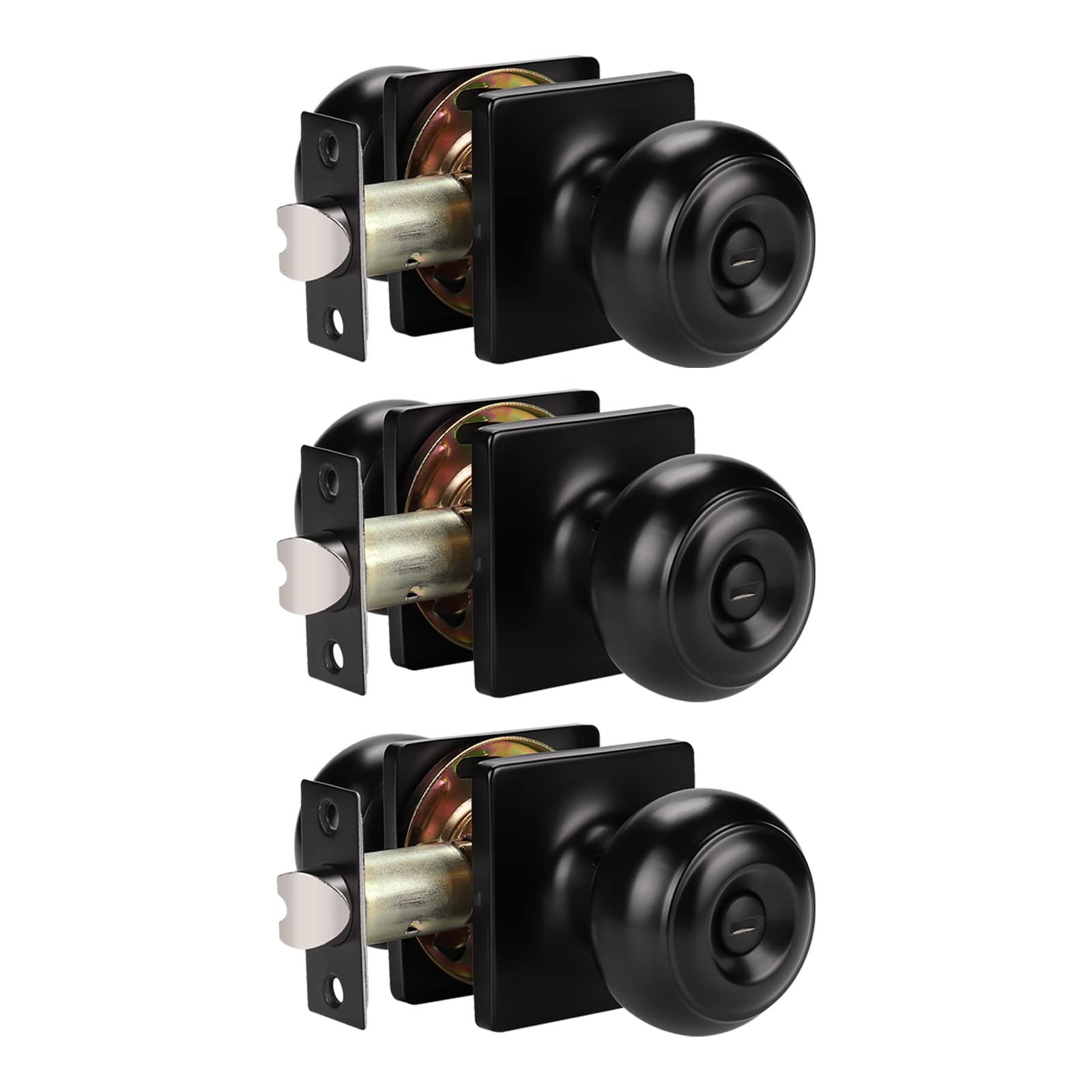 KNOBWELL 3 Pack Privacy Door Knobs Matte Black Door Knob with Lock Square Rosette Door Knob Privacy Door