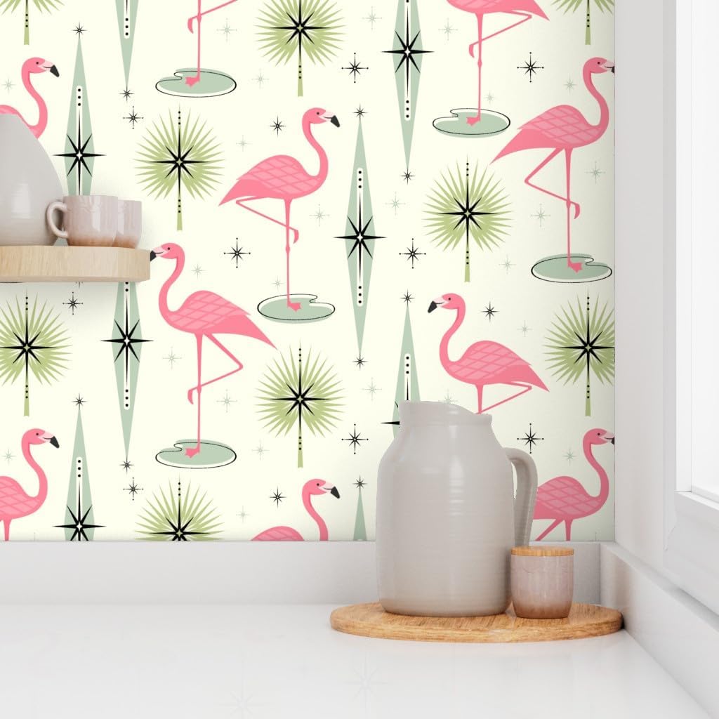 Spoonflower Peel & Stick Wallpaper 6ft x 2ft - Atomic Flamingo Vertical Pink Flamingos Palm Leaves Diamonds Mid Century Retro Fifties 1950S Birds Custom Removable Wallpaper