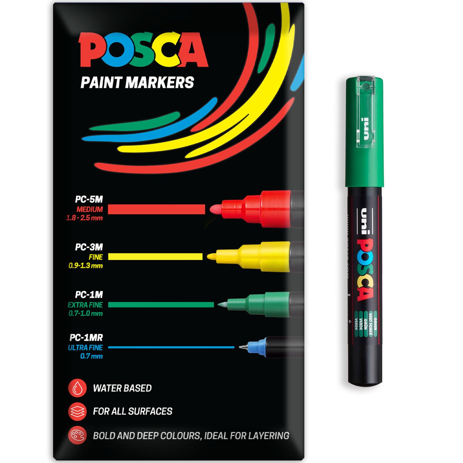 Posca Water Based Acrylic Paint Marker Pens | Multi Surface Use Permanent Paint Pen | Pack of 1 in Envelope Gift Packaging | Glass, Fabric, Canvas, Wood etc | PC-1M, Green