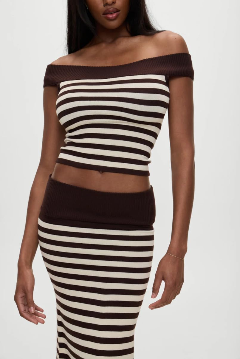 Womens Knit Skirt Outfits Stripe Off the Shoulder Top Maxi Wrap Skirt Sexy Going Out Sweater Skirt Set - Image 6