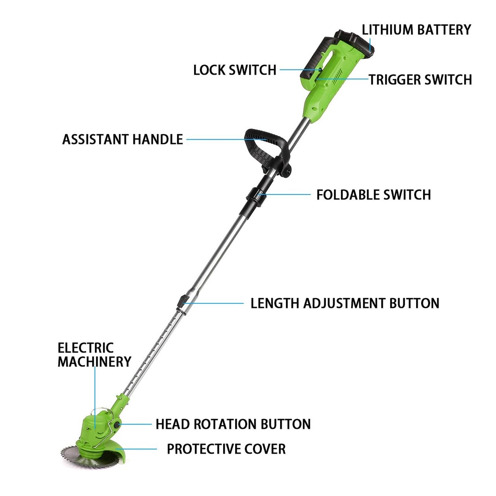 Cortacésped eléctrico inalámbrico de 35000RPM, 2000W, 88VF, cortacésped, Cepillo for Malas Hierbas, Cortador Ajustable de Longitud Plegable for jardín(Groen)