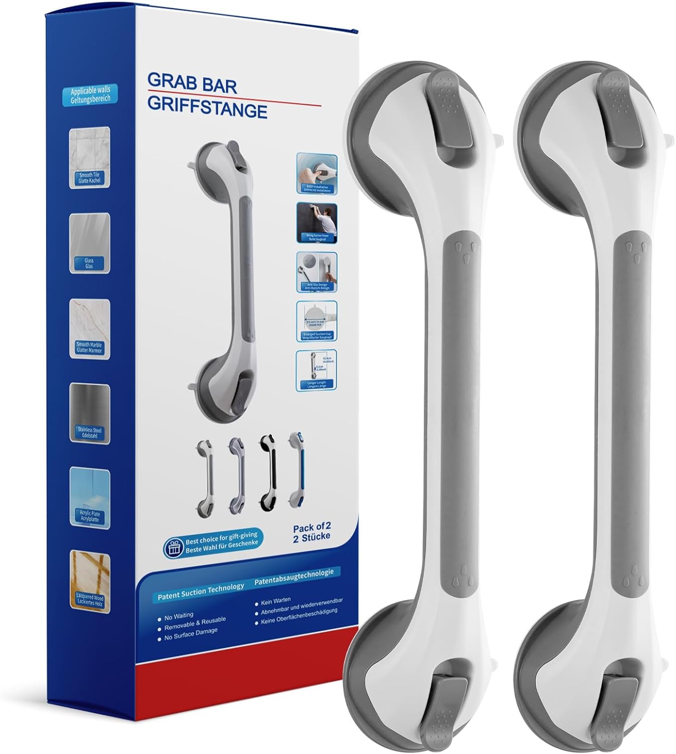 grab bars for bathtubs and showers 2 pack shower handle, heavy duty suction grab bar bath handrails for seniors and elderly, bathroom safety grip no drilling waterproof removable, grey 17 inch (2 pack) gray