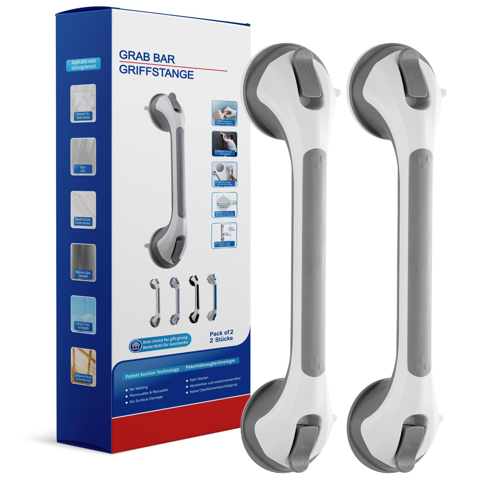 Grab Bars for Bathtubs and Showers 2 Pack Shower Handle, Heavy Duty Suction Grab Bar Bath Handrails for Seniors and Elderly, Bathroom Safety Grip No Drilling Waterproof Removable, Grey