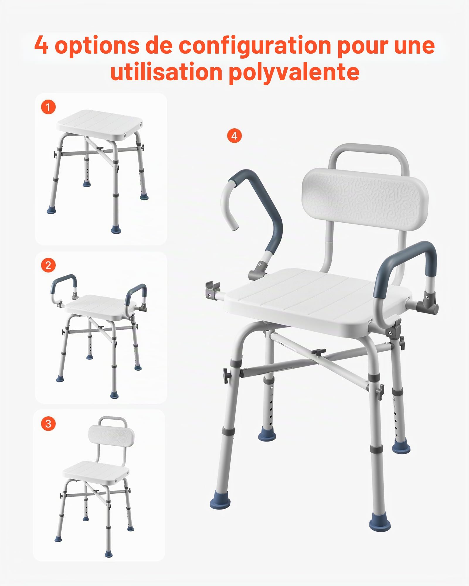 VEVOR Chaise de Baignoire Pivotante, Banc de Transfert Baignoire avec Accoudoirs Relevables et Dossier, Capacité 227 kg, Siège de Douche pour Adultes, Personnes Âgées et Handicapés, Hauteur Réglable