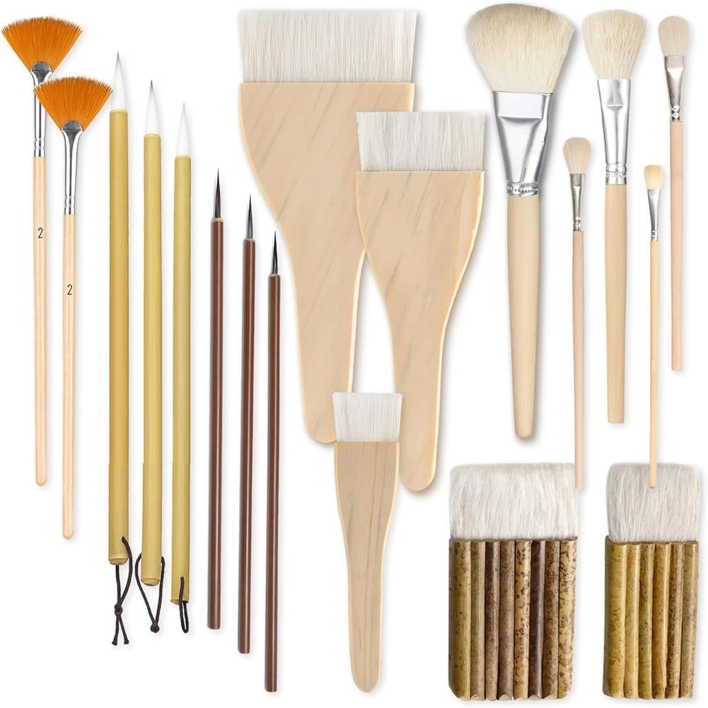Onchdbfhuu Wooden for Pottery Glaze& Ceramic Painting Brush Set-18-Pieces for Clay Art, Watercolor Painting