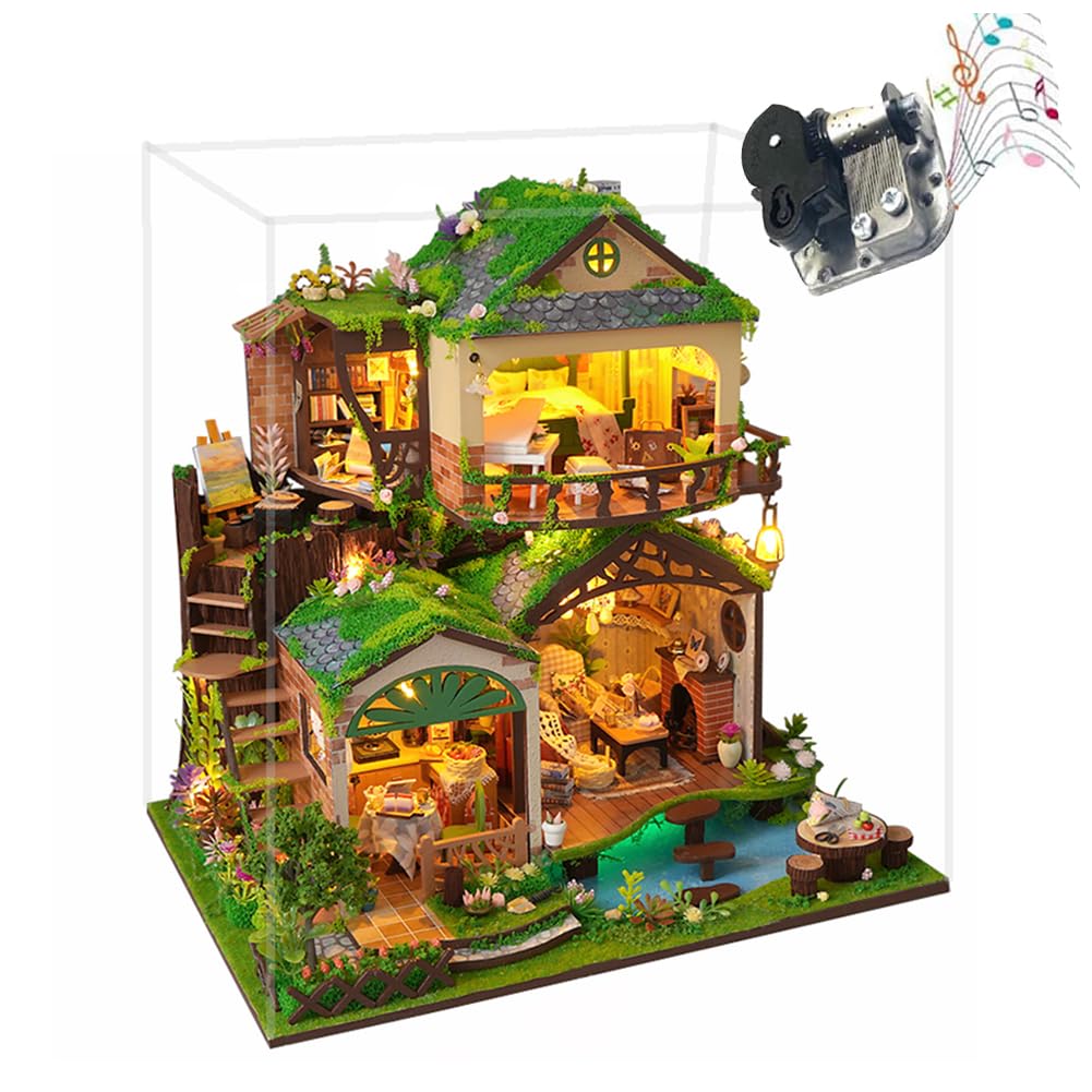 DIY-Puppenhäuser, 3D-Zimmerpuzzle & Buchstütze， DIY Puppenhaus Kit mit LED-Beleuchtung – Kreativset zur Regaldekoration (Mit Staubschutzhülle)