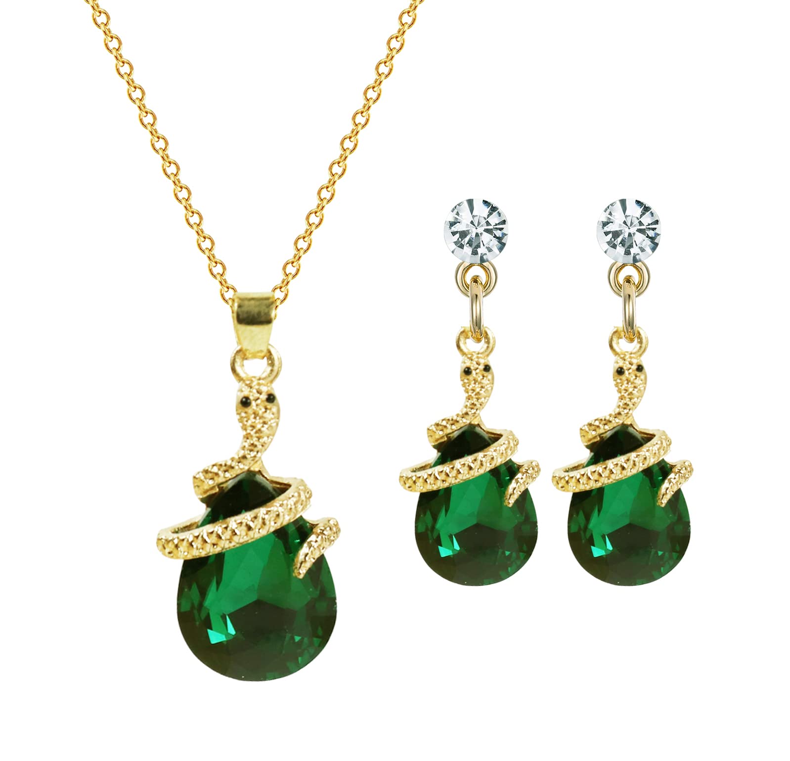 14K Gold Plated Drop Crystal Zircon Green Snake Pendant Necklace and Earring Jewelry Set