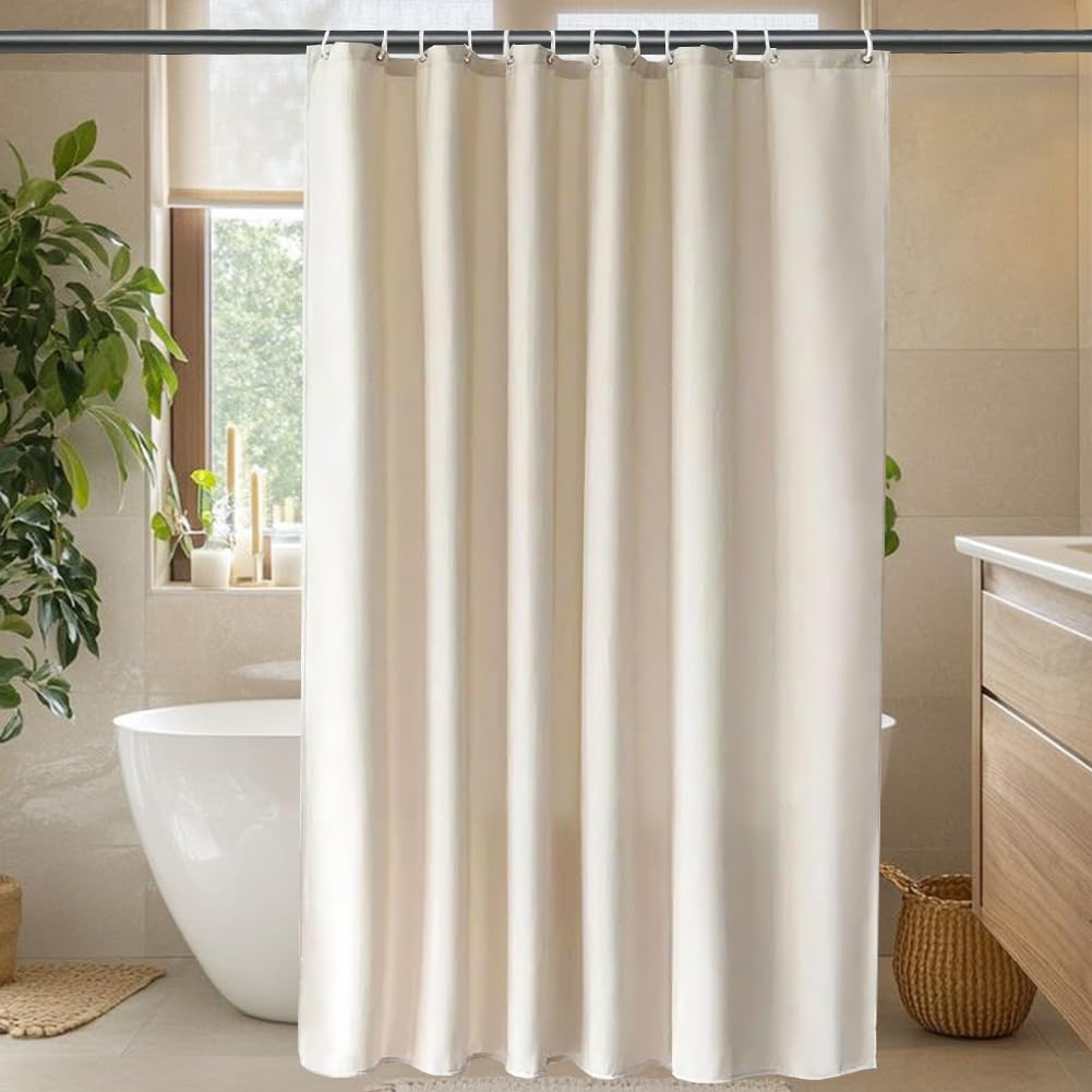 Tenda da doccia in lino 180x200 cm Beige chiaro, lavabile in lavatrice, tenda da bagno in tessuto lavabile antimuffa con 12 anelli