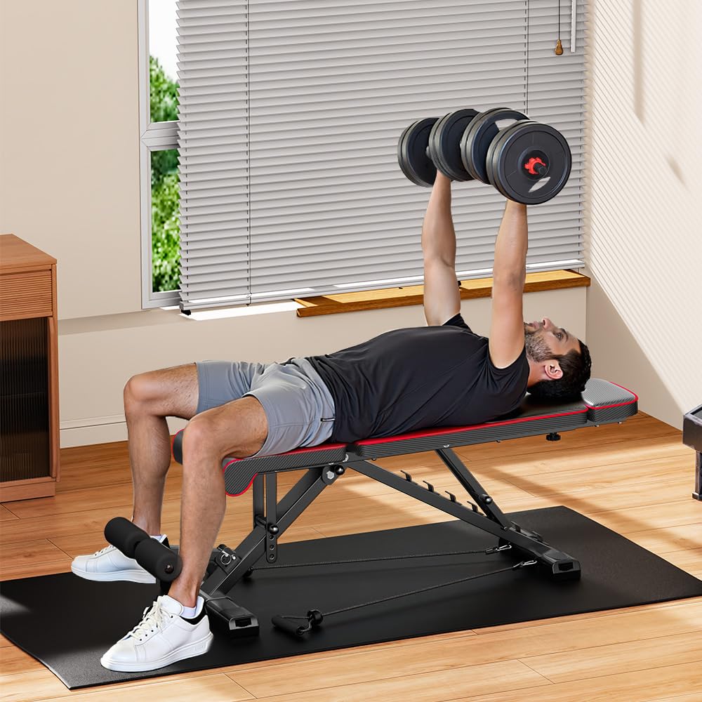 Banco de peso ajustable plegable con bandas de resistencia, capacidad de 300KG/660lbs, respaldo de 8 posiciones y marco de acero de aleación de plegado rápido para gimnasio en casa