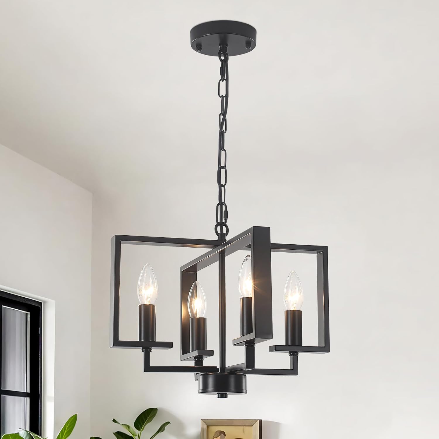 Black Chandelier, 4 Light Geometric Farmhouse Chandeliers for Dining Room, Industrial Foyer Lighting Fixtures for Entryway, Living Room, Bedroom, Kitchen