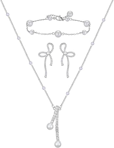 SWEETV Pearl Bridal Jewelry Set for Wedding, Bow Necklace and Earring Sets for W