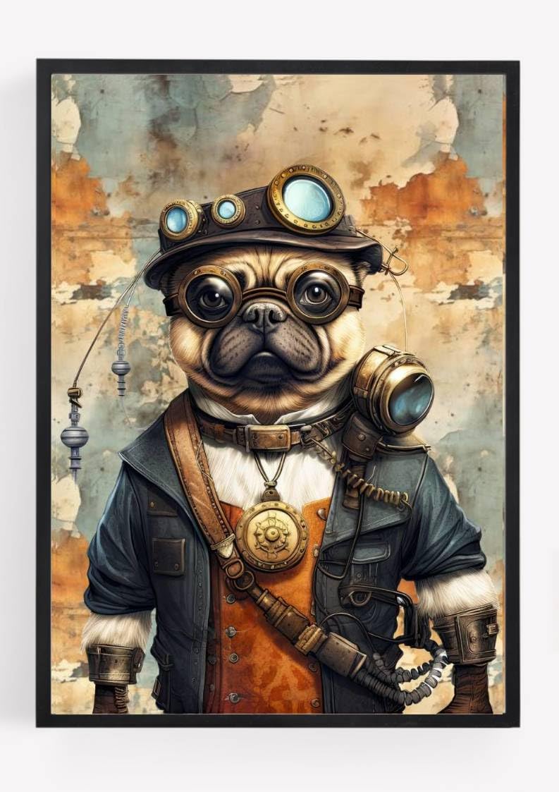 Gfc Black White Steam Punk Steampunk Pug Dog Print Picture Poster Hipster Dapper Vinatge Style A4 Unframed Wall Art Home Decor Decorating Gift