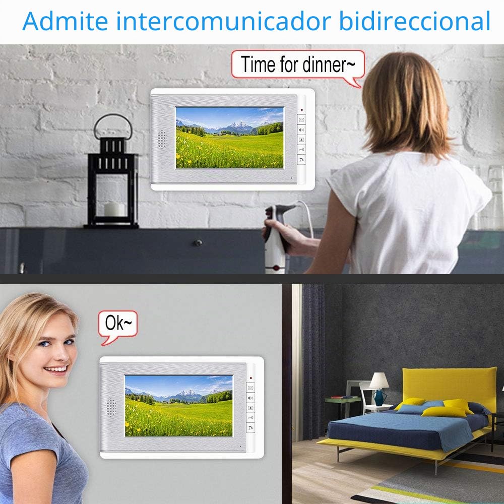 Sistema de Control de Acceso Kit de Videoportero de 7", Cámara de 700 TVL con Visión Nocturna, Sistema de 4 Cables para 2 Familias, con 10 llaveros RFID