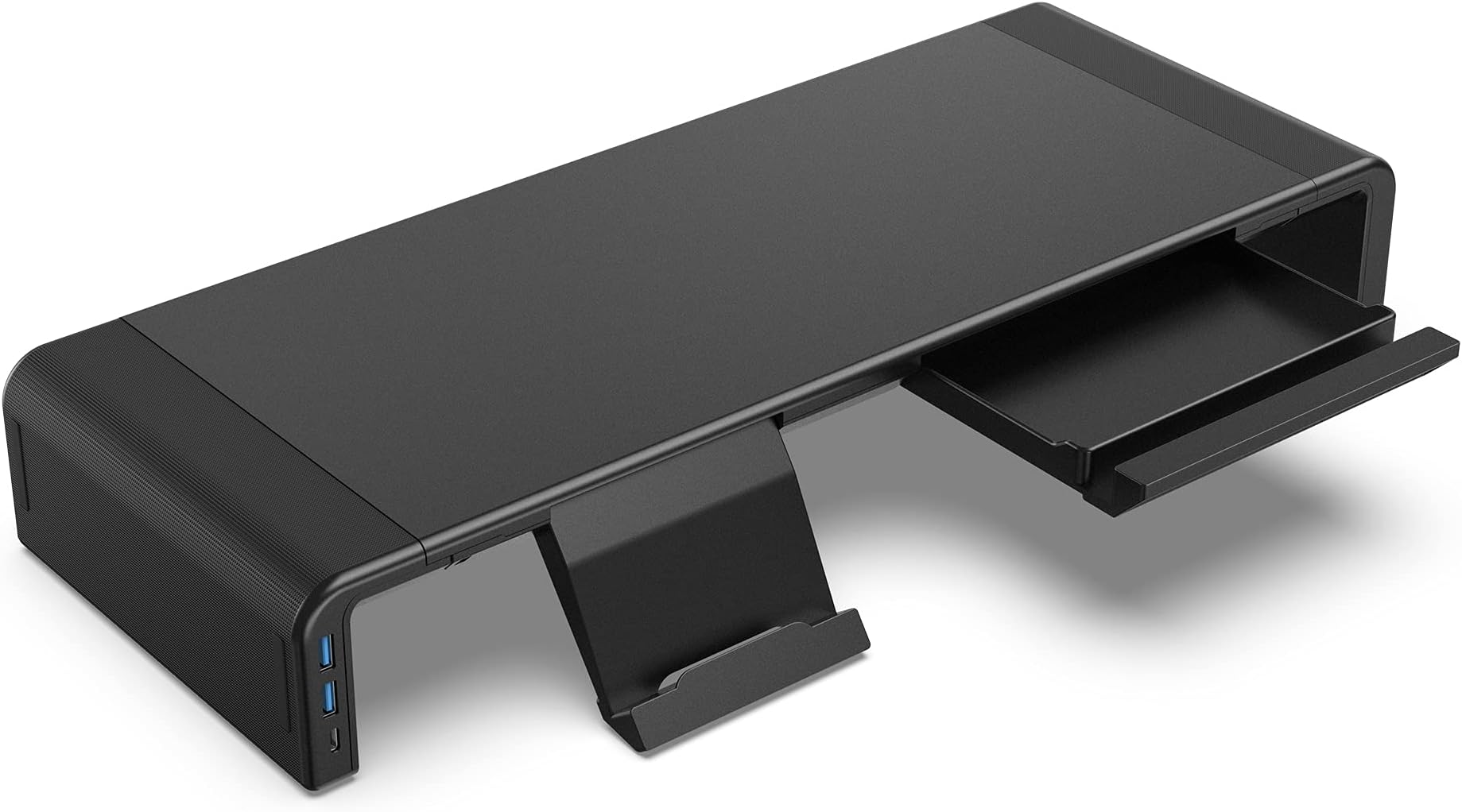 Klearlook (USB 3.0 Hub+Type C Port) Foldable Monitor Stand, 24W Quick Charge+5Gbps High-Speed Data Transfer Desktop Monitor Riser with 3-Width&Storage Drawer&Phone Holder forComputer/Printer/Laptop/TV