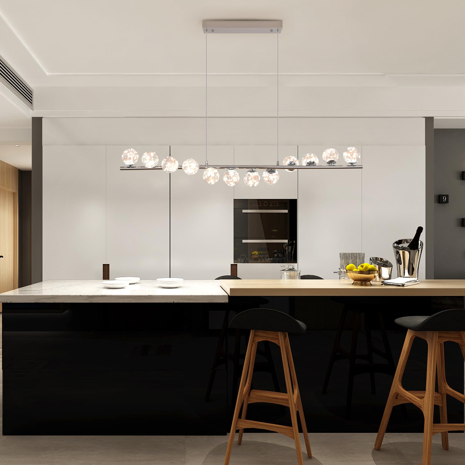 GEADI LED Lampadario Cromato, 120CM Lampada a Sospensione Moderna per Tavolo da Pranzo con 12 Globi di Vetro, Plafoniere a Soffitto Regolabile, Lampadari Lungo per Sala da Soggiorno, Cucine, Salotto