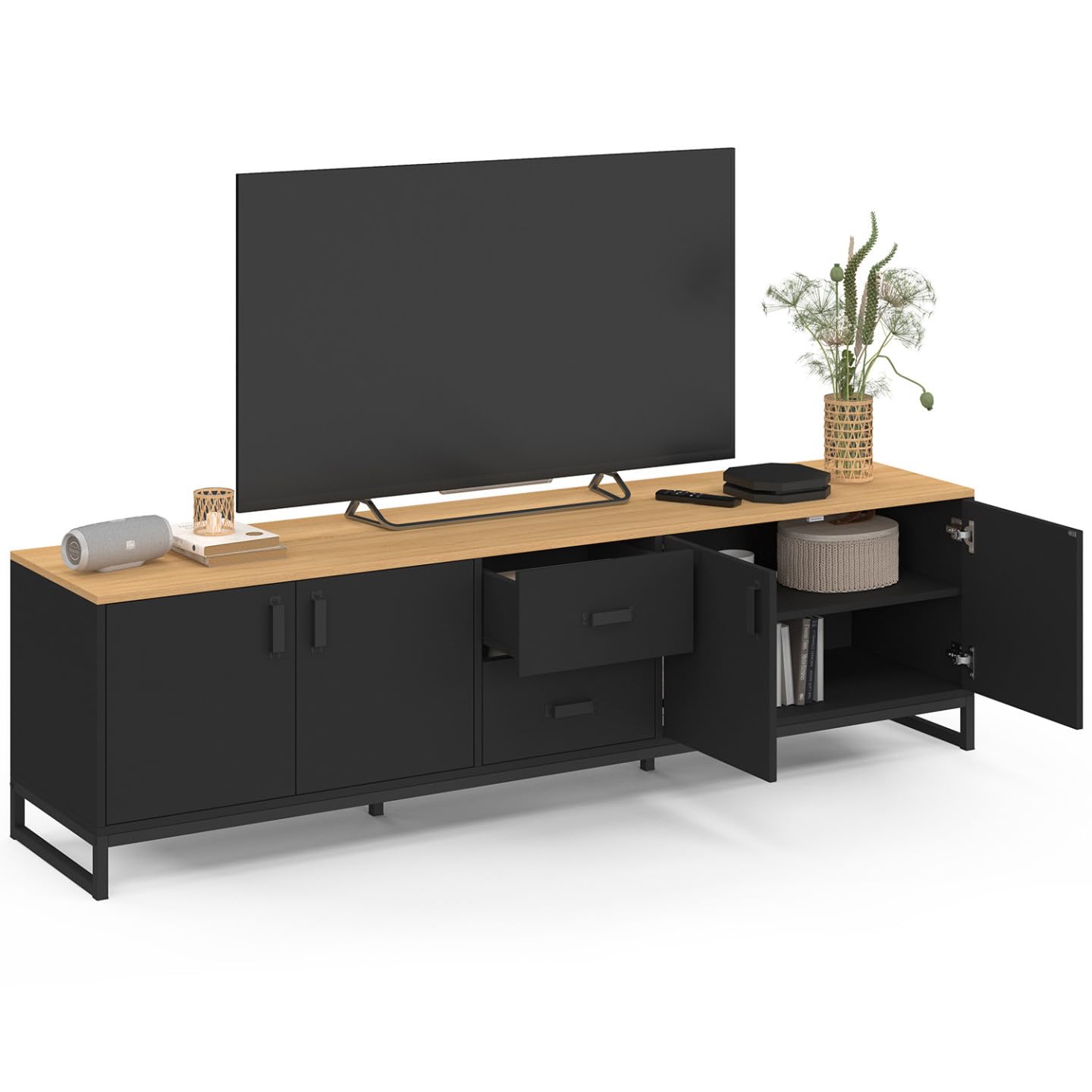IDMarket - Meuble TV 180 cm Washington 4 Portes et 2 tiroirs Bois et Noir