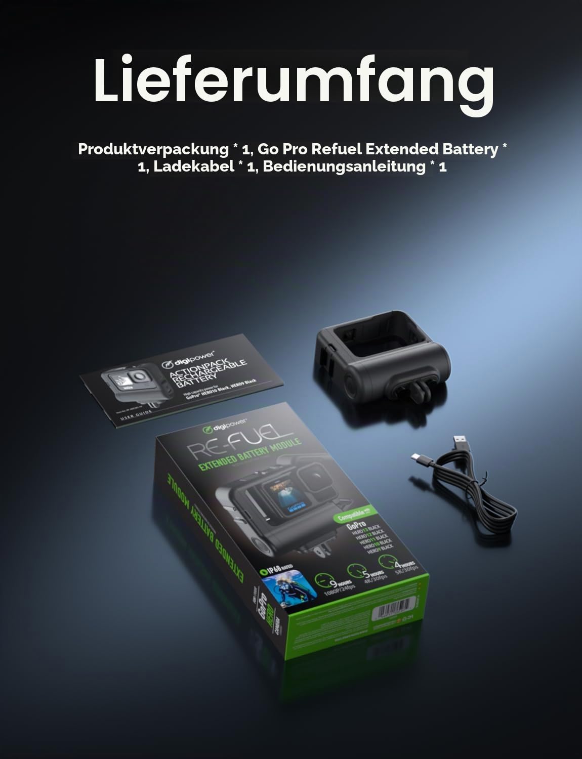 DigiPower Re-Fuel Akkupack, 9 Stunden Akkulaufzeit für GoPro HERO11 & HERO10 Black & HERO9 Black, kompatibel mit GoPro Action-Kamera, IP68 wasserdicht und staubdicht, Allwetter, schwarz