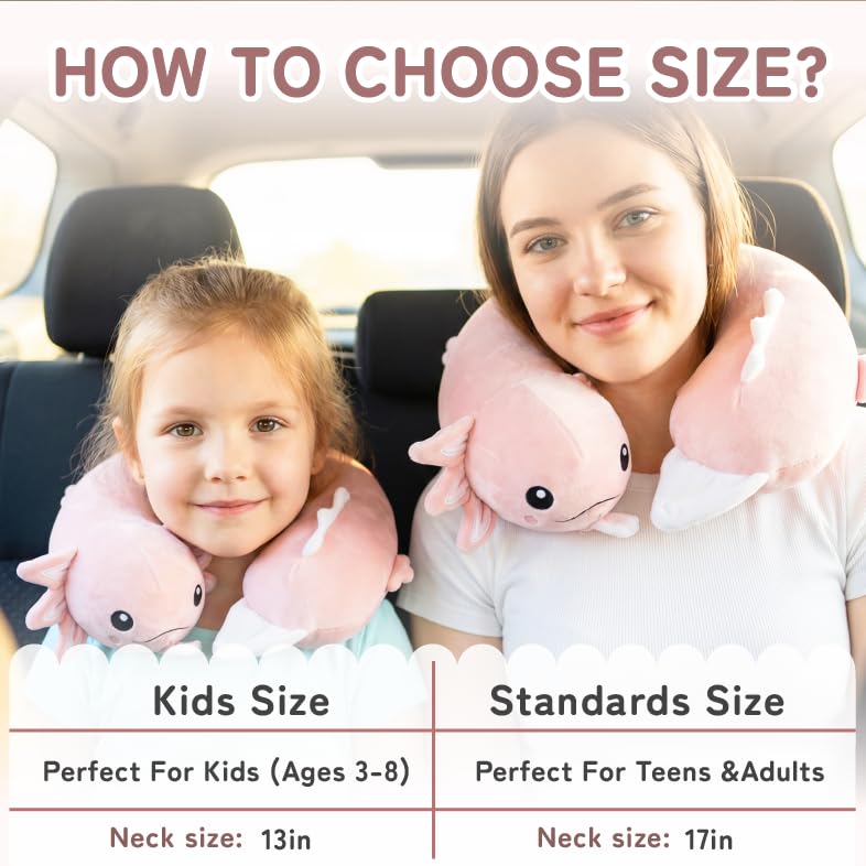 Image of Kids Travel Neck Pillow for Ages 3-8 with Memory Foam, Pink Axolotl | Removable cover, 13 in neck size, hidden zipper, machine washable, head and chin support, car seat and airplane use