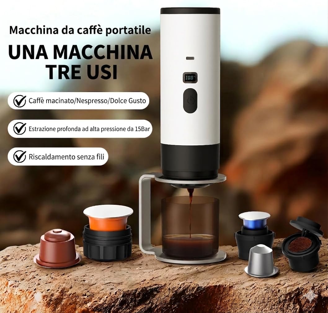 Macchina Caffè Portatile Wireless con Riscaldamento Acqua Automatico, Macchinetta Espresso a Batteria 15 Bar, Compatibile con Capsule Nespresso, Dolce Gusto e Caffè Macinato, Per Viaggio e Campeggio