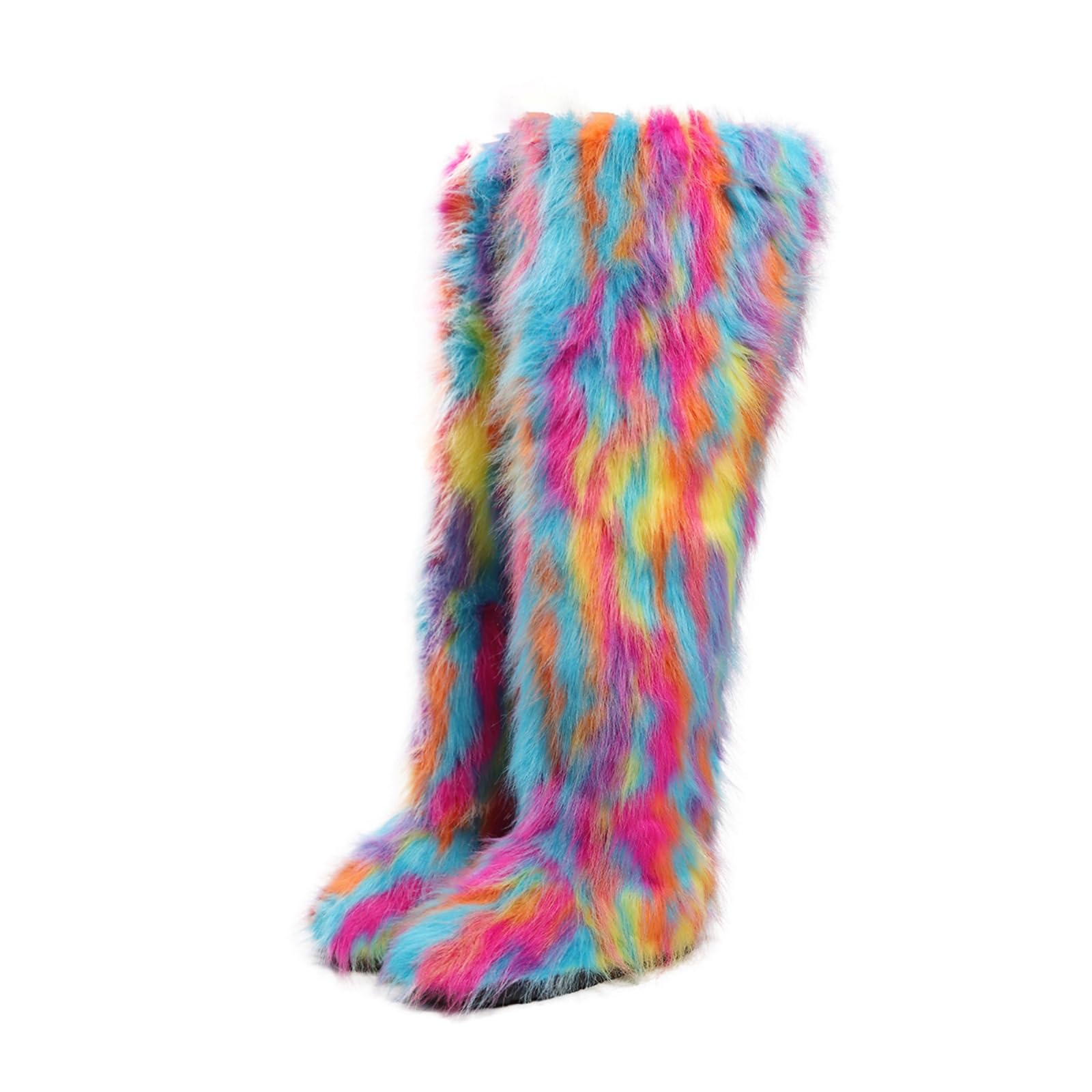 Rave Thigh High Fur Boots Y2K for Women Fluffy Fuzzy Snow Winter Boots Over the Knee Faux Mongolian