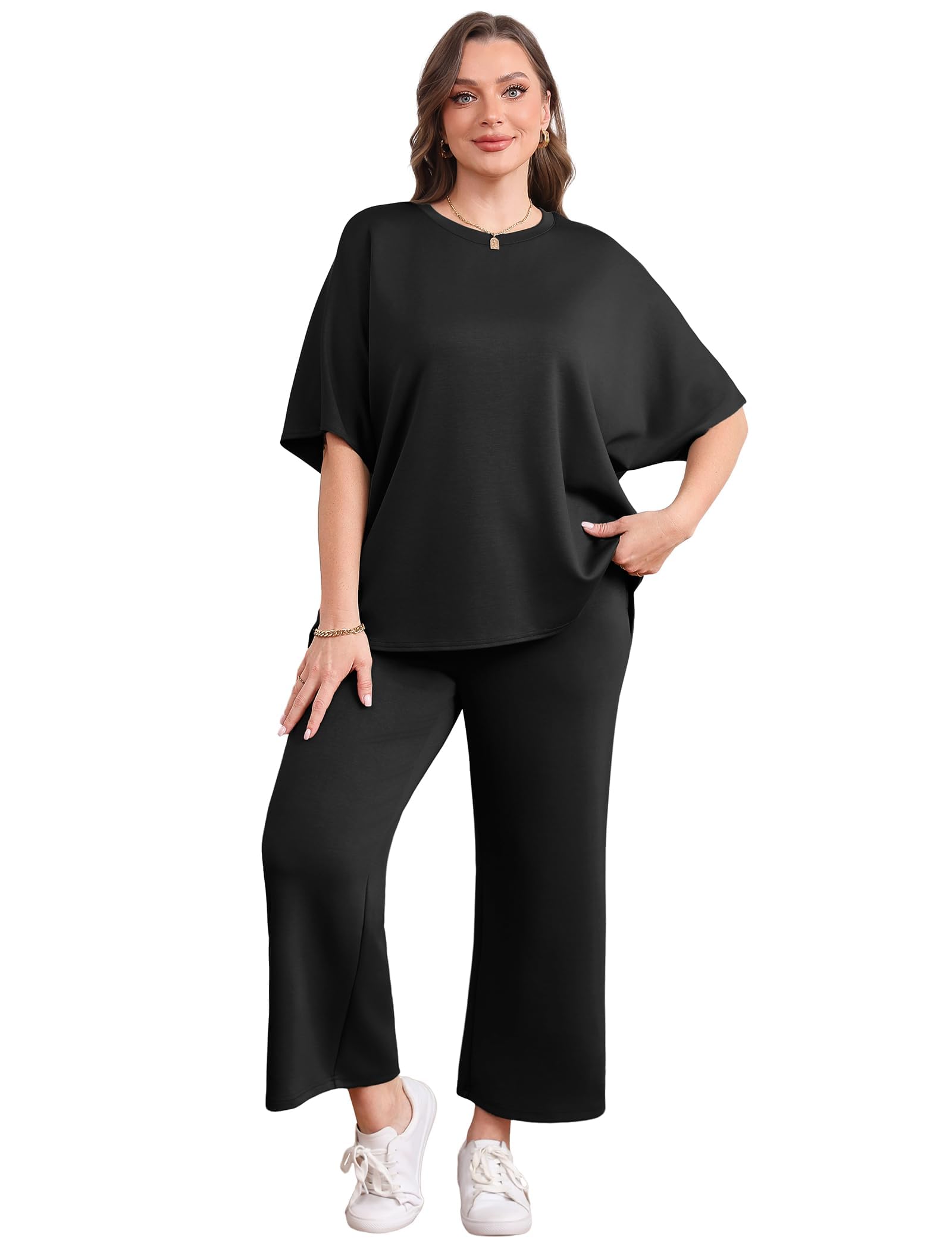 Desol Tenue d'été 2 pièces pour femme, ensemble de survêtement à manches courtes et pantalon de jogging, pantalon capri à jambes larges pour les loisirs, la maison et les voyages