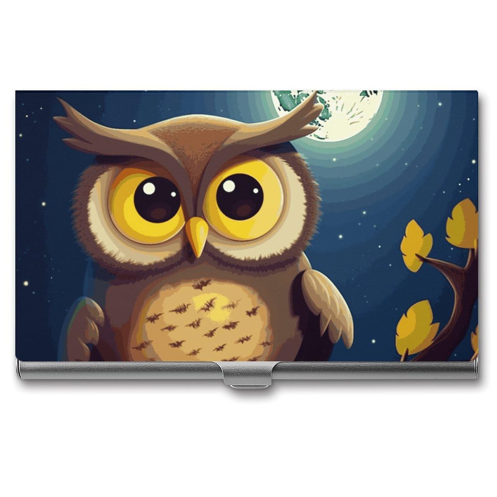 BTCOWZRV Owl And Yellow Moon Business Card Holder Metal Slim Business Card Case, Pocket Card Holder for Men Women Purse Name Card Holder Stainless Steel Wallet Credit ID Case for Office