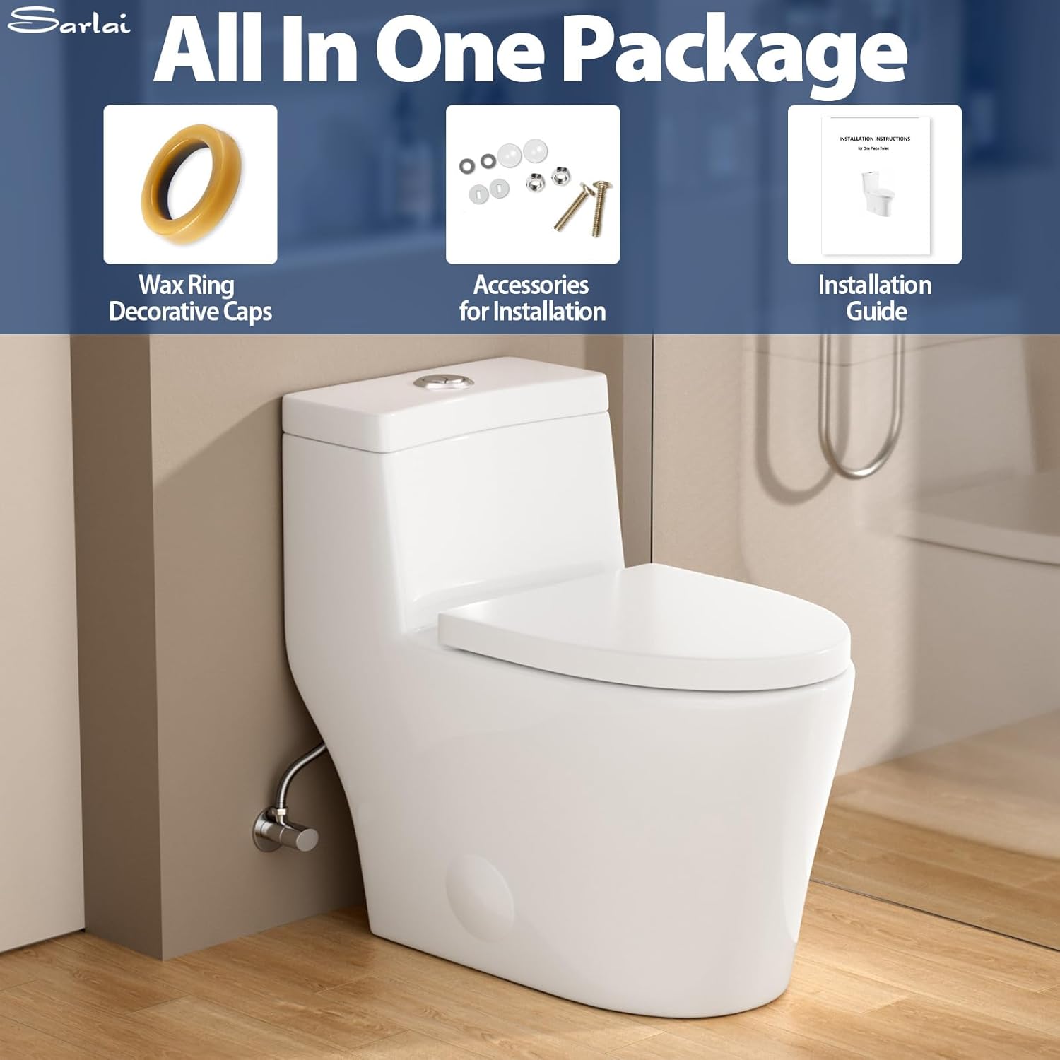 Sarlai One Piece Toilet - Bathroom Toilet Dual Flush Elongated White Ceramic Modern Bathroom One Piece Toilet with Soft-Close Seat, 12" Rough - In, Wax Ring Included, Comfortable Height