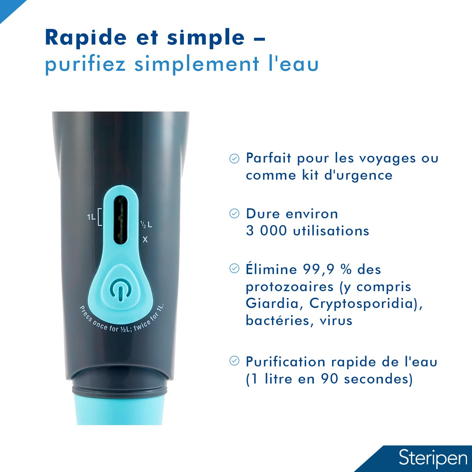 STRERIPEN Aqua UV purificateur d'eau - utilise la technologie UV-C pour éliminer 99,9% des virus, bactéries et protozoaires en 90 secondes - sûr et sans produits chimiques