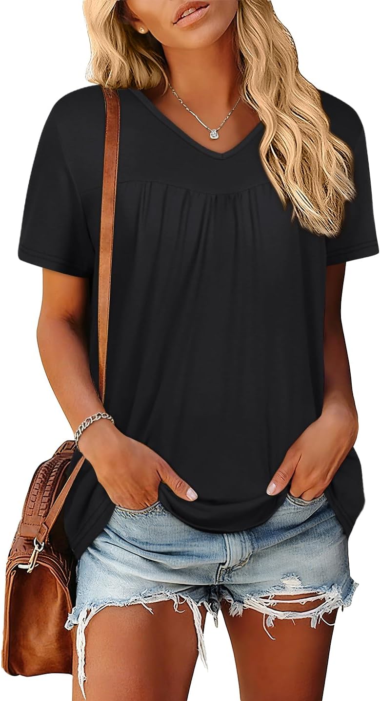 T Shirts for Women Short Sleeve Tops Casual Pleated Front Blouses V Neck Summer Tees - Image 6