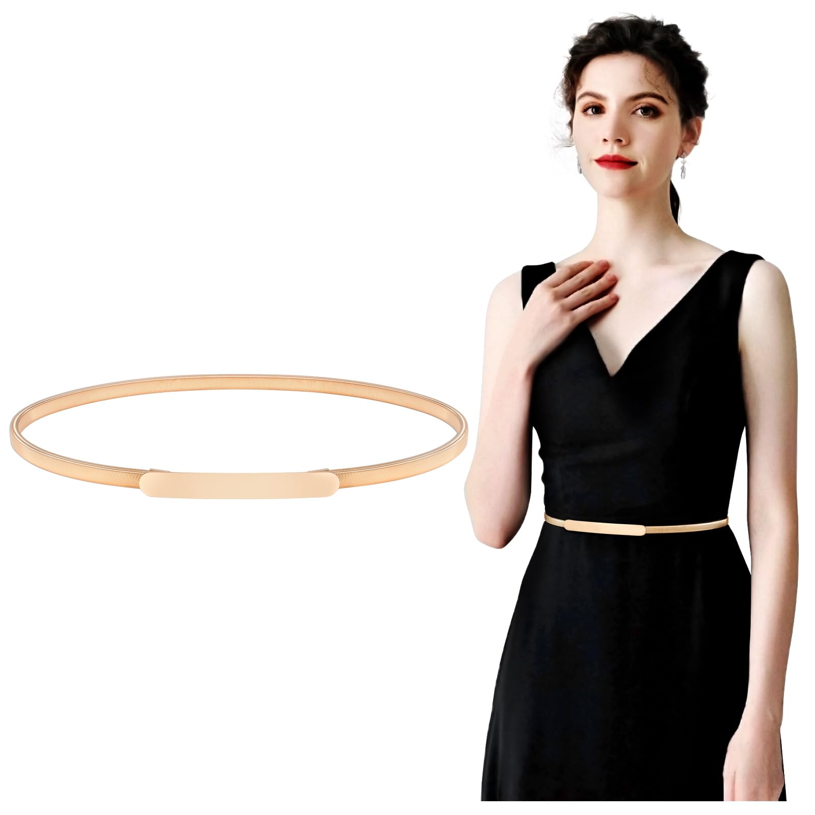 Skinny Stretch Metal Waist Belt for Women Gold Elastic Metal Chain Waist Belt for Ladies Dress
