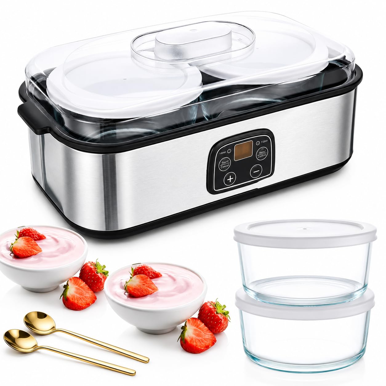 Joghurtbereiter, 2 Glasbehälter mit Deckel, Je 60 Unzen, zwei goldfarbene Löffel, Ideal für Zubereitung Bio-Joghurt, Milchprodukten, Käse, Natto