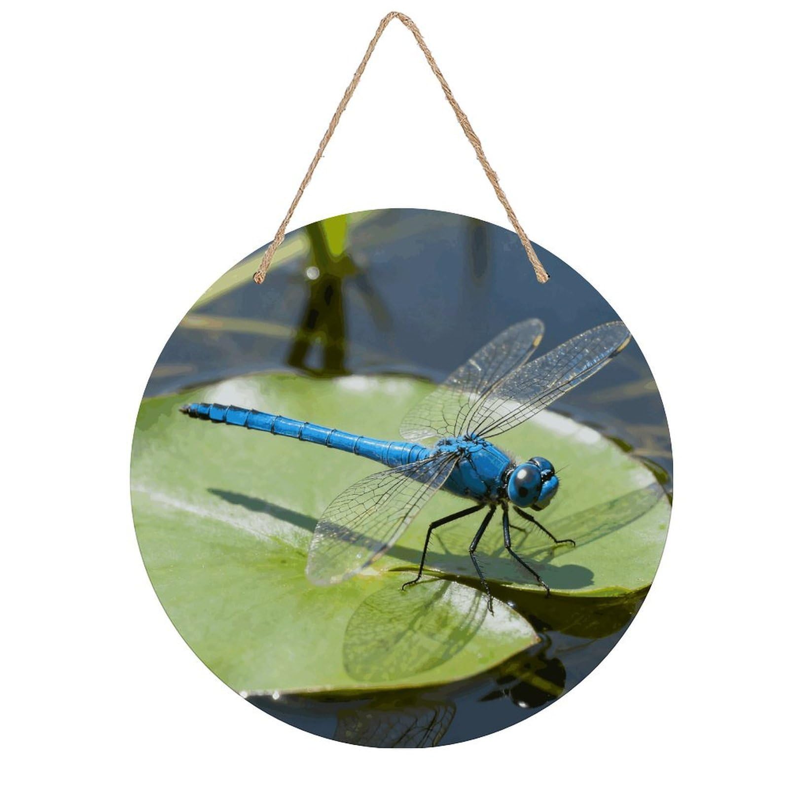 LZQPOEAS Dragonfly Round Wood Wall Art Painting, 7.9 Inch Circular Wooden Door Hanger Decorative Paintings, Rope-Hanging Wooden Wall Plaque for Home Decor And Office Party