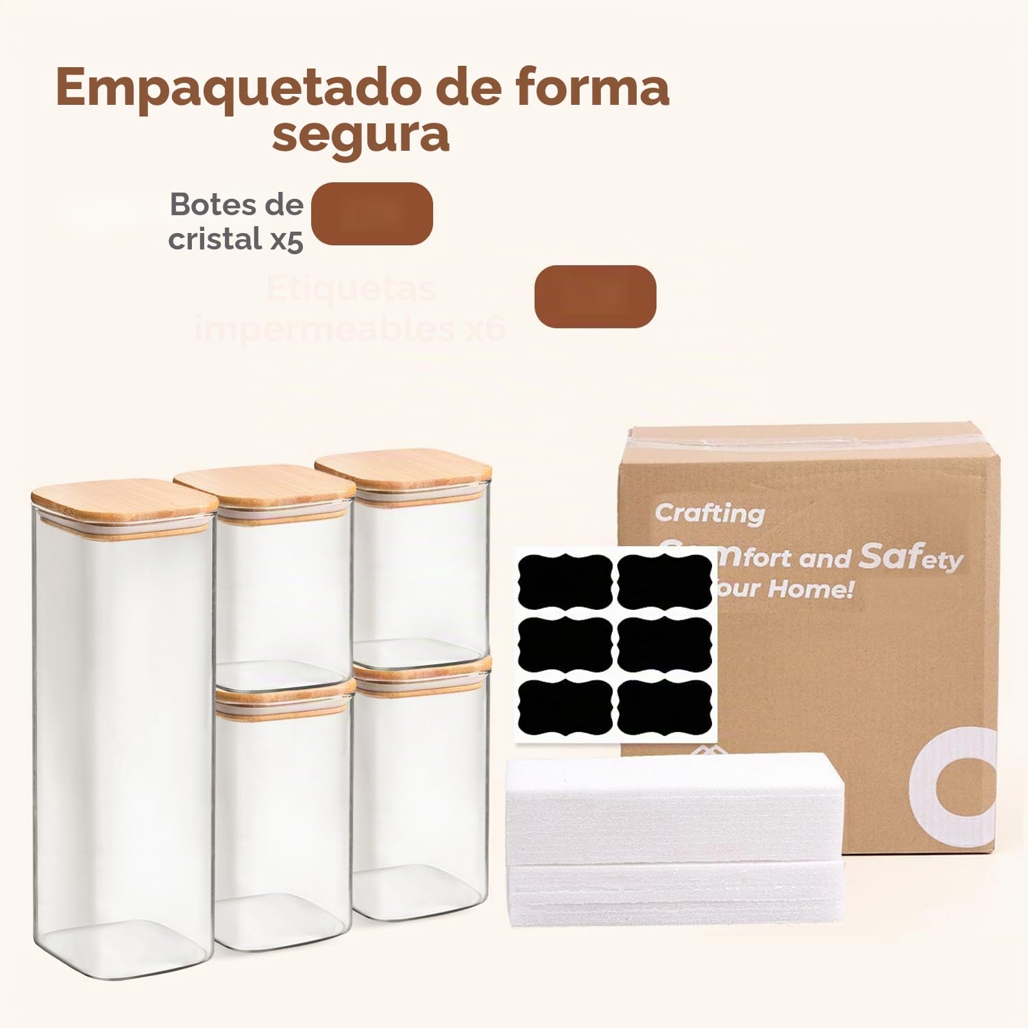 ComSaf Tarros de cristal con tapa 800–2100 ml, pack de 5 para cocina | Frascos de vidrio, Botes cocina almacenaje, Tapas de bambú, Cereales de desayuno, Premios para mascotas, Arena decorativa