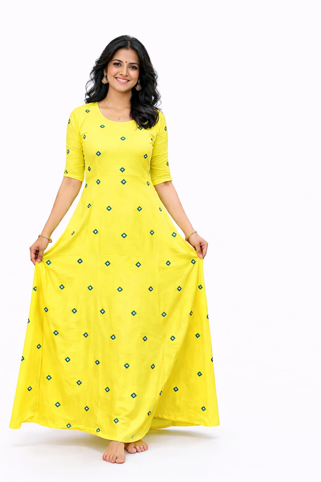 Women Rayon Anarkali | Gown | A-Line Kurti | Full Length Dress with Contrast Green Embroidery & Mirror Work | Flared Ethnic Kurti for Festive (Lemon Yellow)-image-31