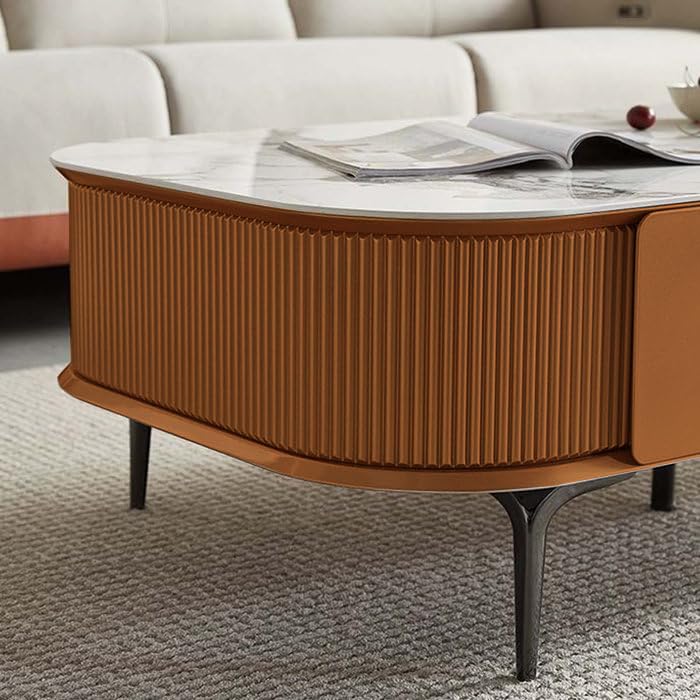 Image of WOODEN SPACE Premium Solo Marble-Top Wooden Center Table for Living Room | Iron Legs | PVD Coating | Modern Entryway Furniture | Coffee Table - 42X24X18 in (Orange)