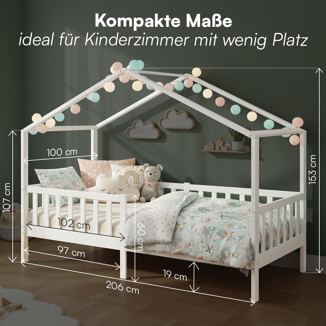 Bellabino Bia Kinderbett 90x200 cm – Hausbett mit Rausfallschutz & Lattenrost – Montessori Kinder Bett aus Massivholz Kiefer – Kinderhausbett für Jungen und Mädchen in Weiß
