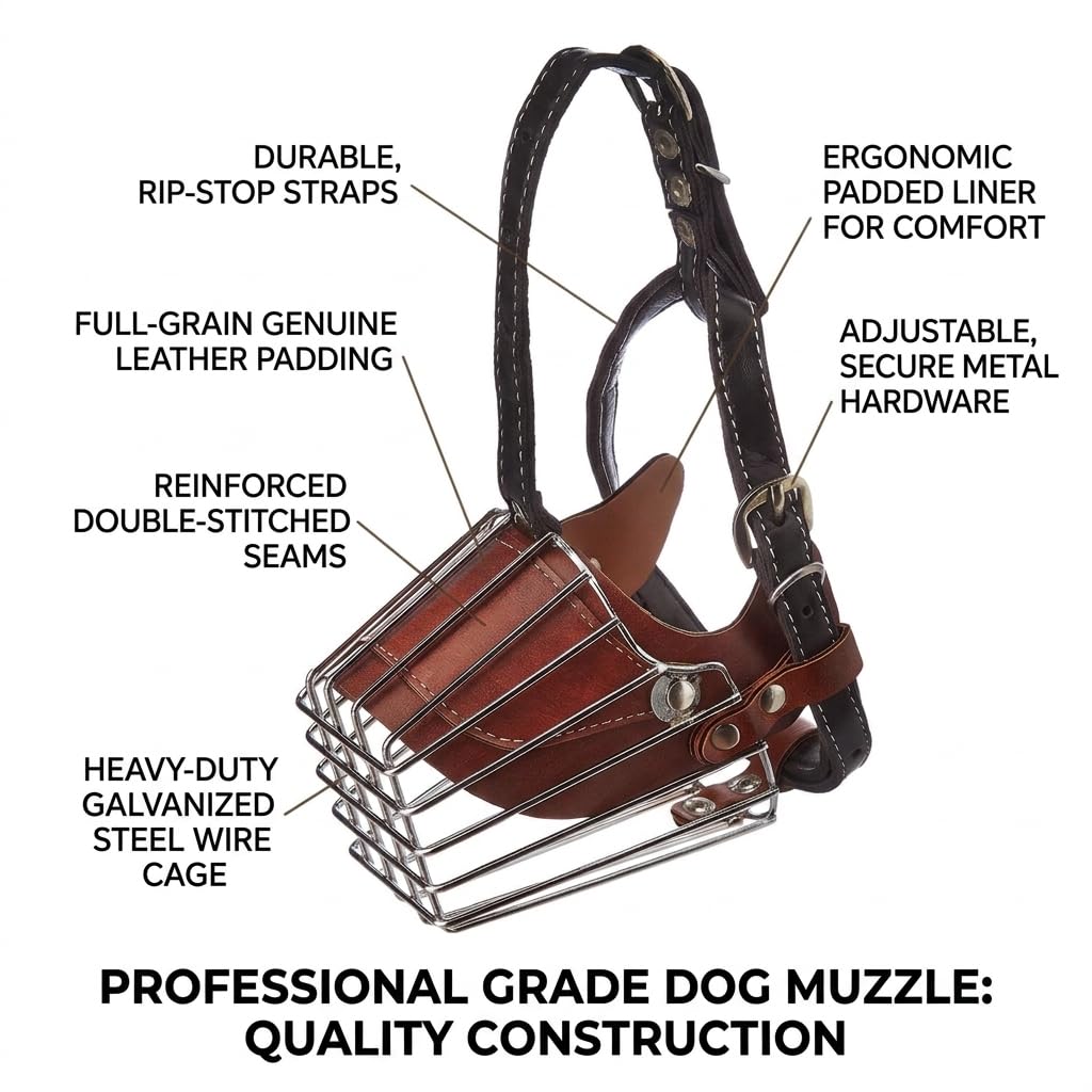 Munchos Iron Cage Style Dog Basket Wire Muzzle with Adjustable Leather Strap (Medium) 1