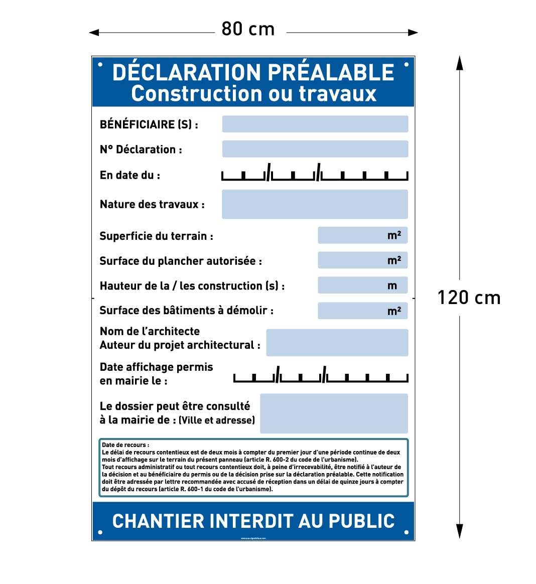 AUA SIGNALETIQUE - Panneau Déclaration Travaux Chantier– Akilux 5 mm – 80 x 120 cm – Avec Marqueur + Panneau “Chantier interdit au public” (Déclaration Préalable Travaux)