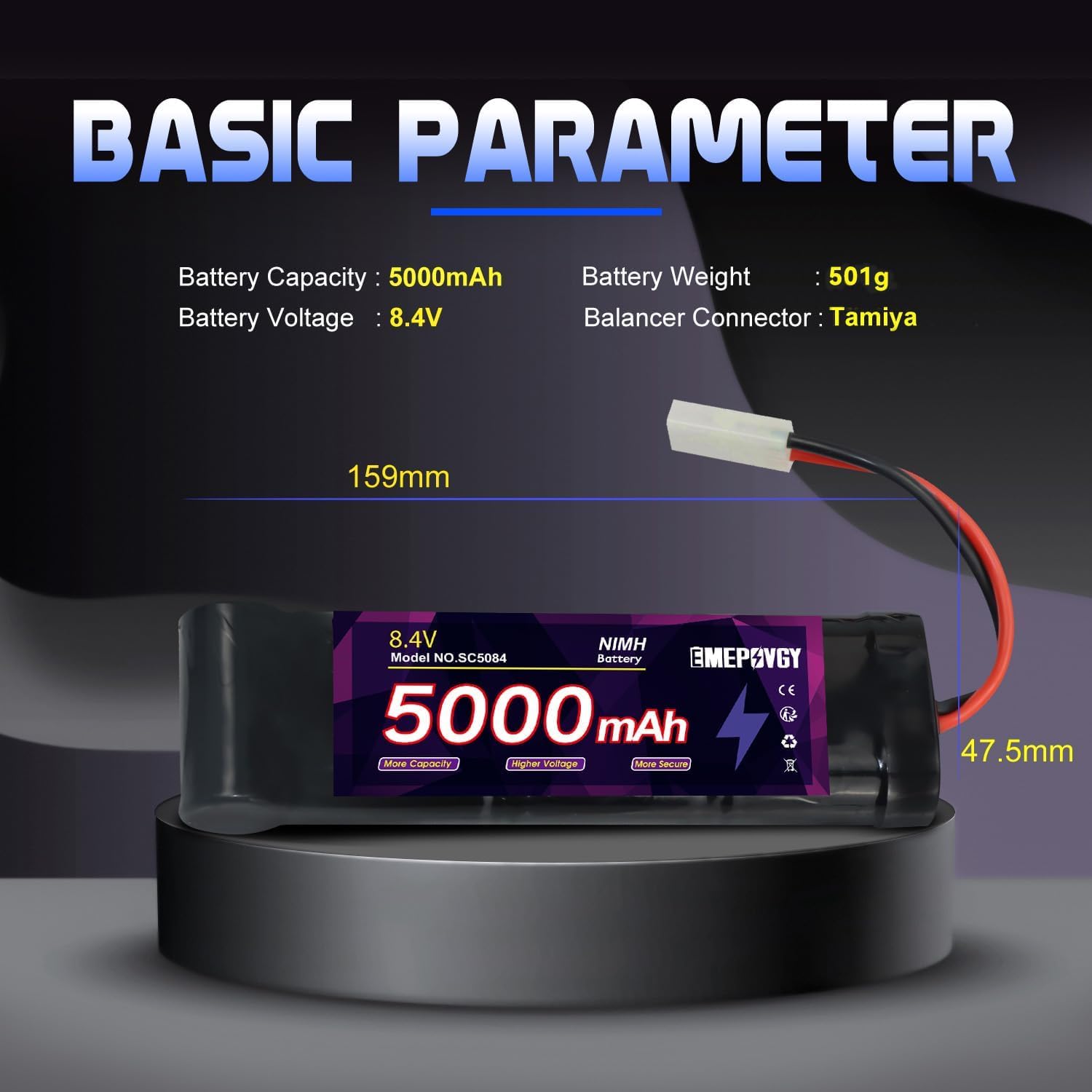 8.4 V RC NiMH-Akku, 5000 mAh Kapazität, wiederaufladbarer 7-Zellen-Flachakku mit TMY-Stecker(2 Packungen)