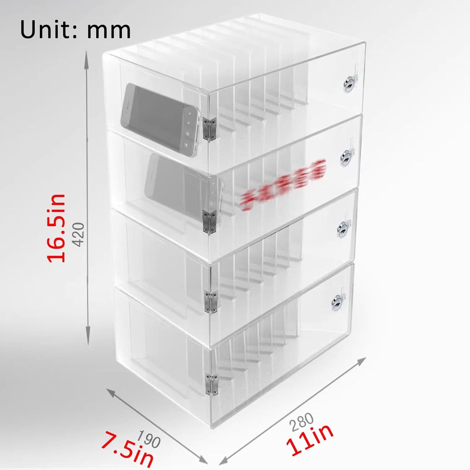 JKGHK Wall-Mounted Slots Cell Phone Locker, Clear Acrylic Mobile Phone Box with Keys and Locks, Desktop Mobile Phones Storage Rack, for Office, School, Gym(Floor 4)
