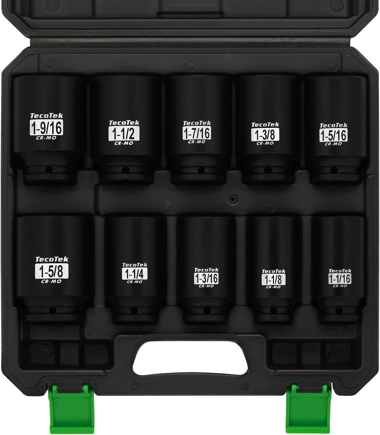 1/2" Drive Deep 6-Point Impact Socket Set, 10-Piece Deep SAE Spindle Axle Nut Impact Socket Set, Cr-Mo, 1-1/16-Inch to 1-5/8-Inch Size, Enhanced Storage Case