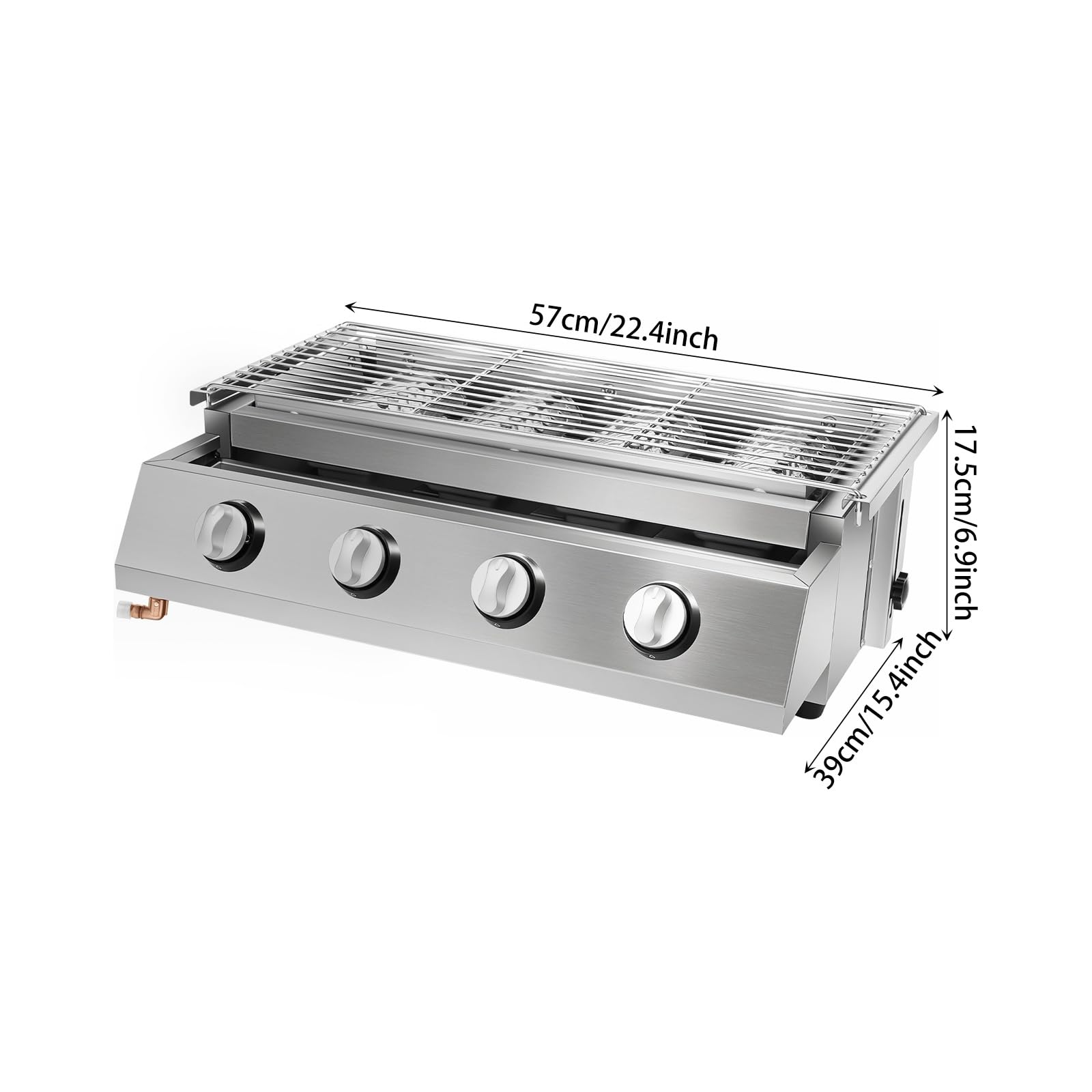 Parrilla de gas portátil de acero inoxidable, parrilla de gas profesional con parrilla, 4 quemadores de acero inoxidable, superficie de parrilla de aproximadamente 55,8 x 23,2 cm, parrilla de gas BBQ