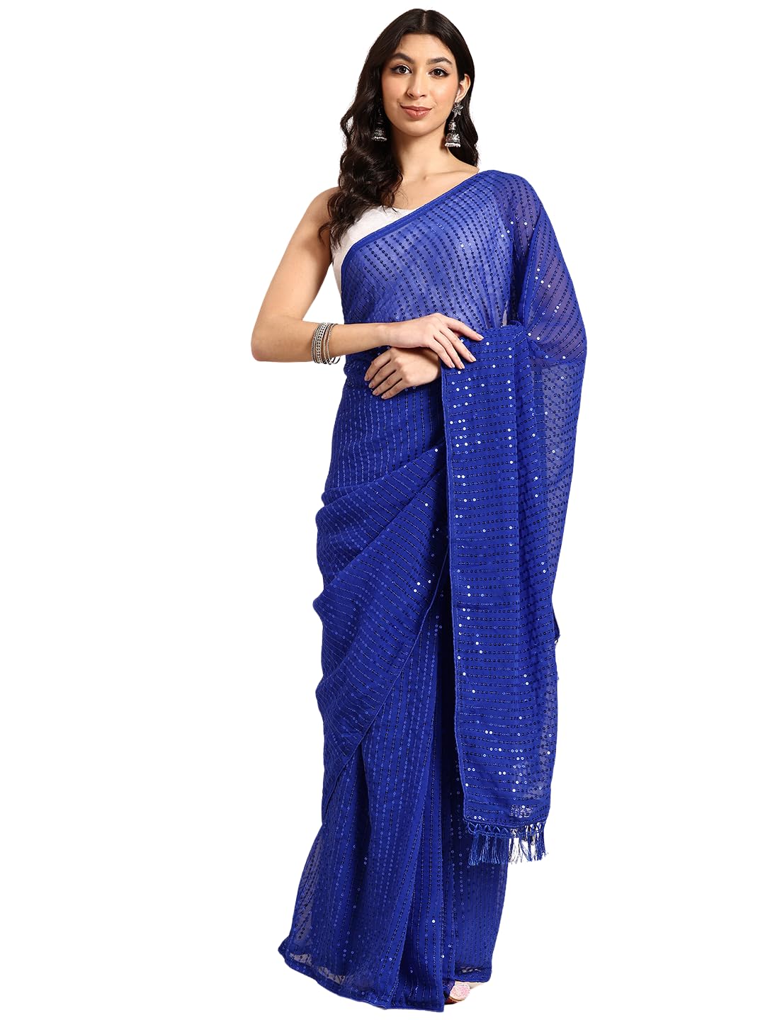 Shiv Textiles Women's Georgette Sequins Ready To Wear One Minute Saree For Women With Unstitched Blouse. (St-R-12-Nblue)